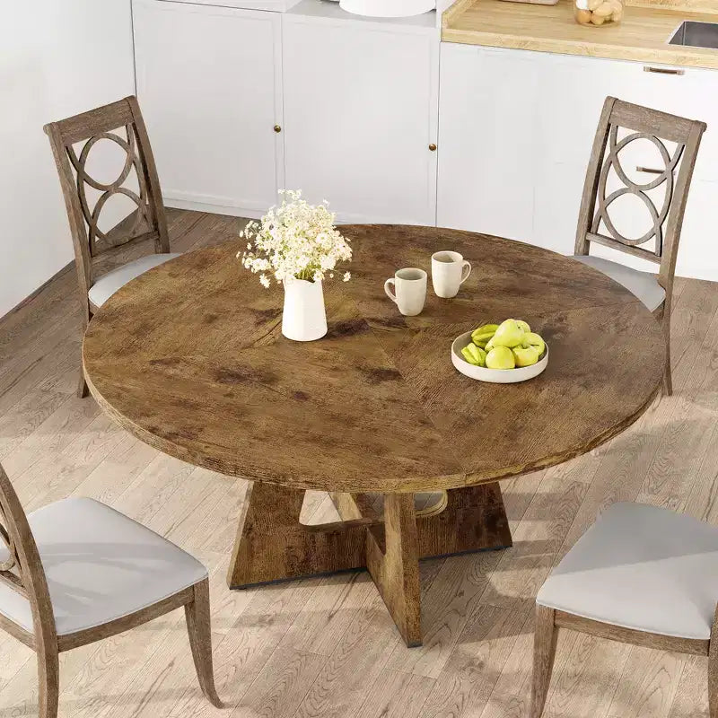 Table à manger ronde de 47 pouces pour 4 à 6 personnes, table de cuisine circulaire de style rustique avec piédestal en croix en bois pour salle à manger (table uniquement)