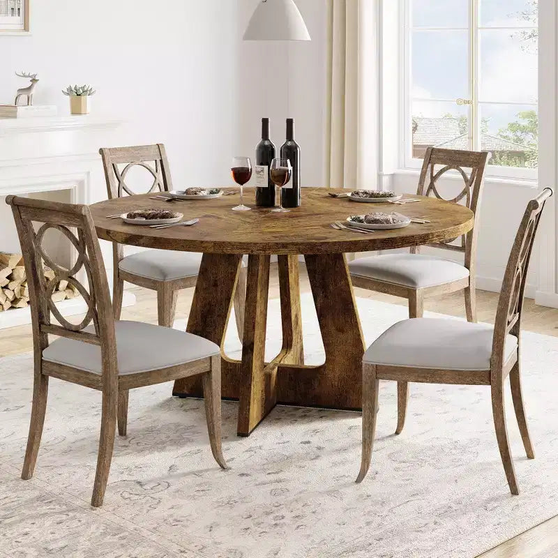 Table à manger ronde de 47 pouces pour 4 à 6 personnes, table de cuisine circulaire de style rustique avec piédestal en croix en bois pour salle à manger (table uniquement)