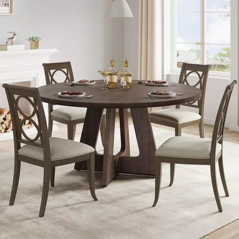Table à manger ronde de 47 pouces pour 4 à 6 personnes, table de cuisine circulaire de style rustique avec piédestal en croix en bois pour salle à manger (table uniquement)