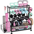 Support de rangement pour haltères à 4 niveaux, support de poids en acier thermolaqué avec crochets pour gym à domicile, support de rangement pour tapis de yoga, haltères russes et équipement de musculation.