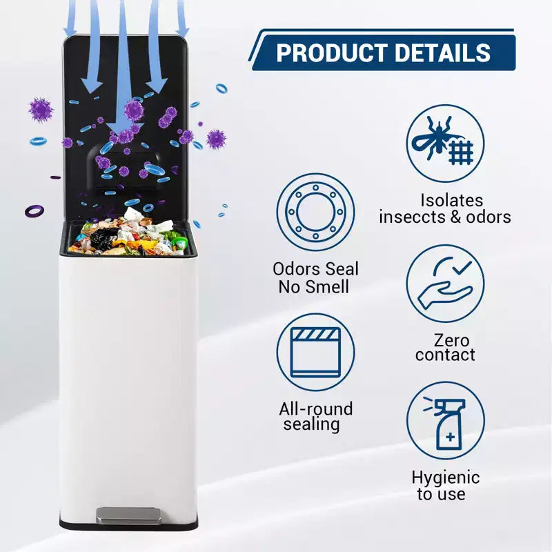 Poubelle à pédale Slim à fermeture douce 15L, en acier inoxydable, avec seau intérieur amovible, pour cuisine, salle de bain, bureau