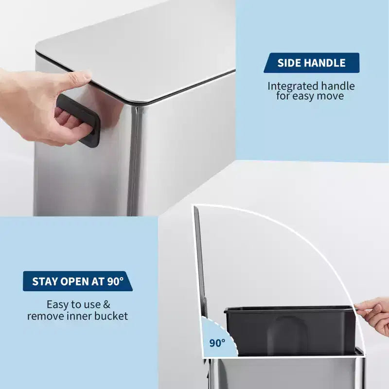 Poubelle à pédale Slim à fermeture douce 15L, en acier inoxydable, avec seau intérieur amovible, pour cuisine, salle de bain, bureau
