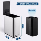Poubelle à pédale Slim à fermeture douce 15L, en acier inoxydable, avec seau intérieur amovible, pour cuisine, salle de bain, bureau