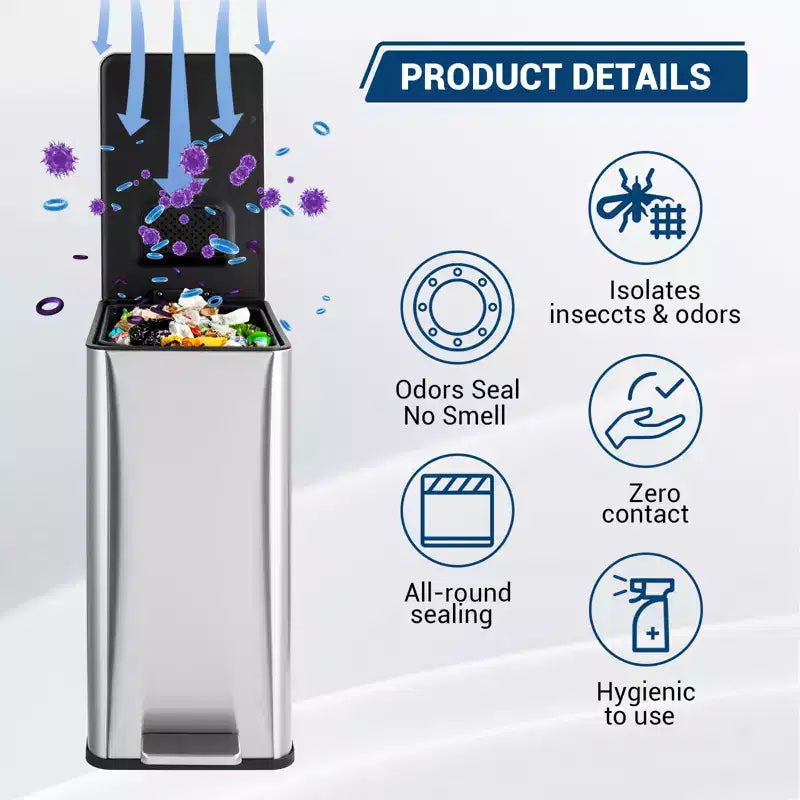 Poubelle à pédale Slim à fermeture douce 15L, en acier inoxydable, avec seau intérieur amovible, pour cuisine, salle de bain, bureau