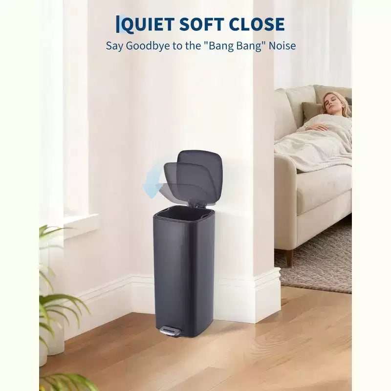 Poubelle à pédale de 30 L en acier inoxydable avec couvercle à fermeture amortie et fonction de maintien en position ouverte, poubelle mains libres pour cuisine, salle de bain, bureau