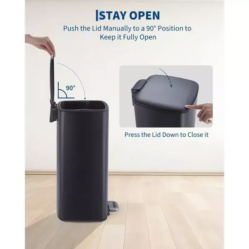 Poubelle à pédale de 30 L en acier inoxydable avec couvercle à fermeture amortie et fonction de maintien en position ouverte, poubelle mains libres pour cuisine, salle de bain, bureau
