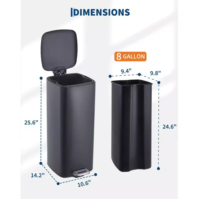 Poubelle à pédale de 30 L en acier inoxydable avec couvercle à fermeture amortie et fonction de maintien en position ouverte, poubelle mains libres pour cuisine, salle de bain, bureau