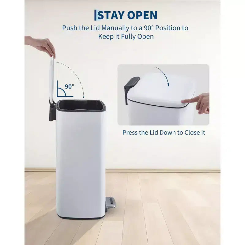 Poubelle à pédale de 30 L en acier inoxydable avec couvercle à fermeture amortie et fonction de maintien en position ouverte, poubelle mains libres pour cuisine, salle de bain, bureau
