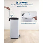 Poubelle à pédale de 30 L en acier inoxydable avec couvercle à fermeture amortie et fonction de maintien en position ouverte, poubelle mains libres pour cuisine, salle de bain, bureau