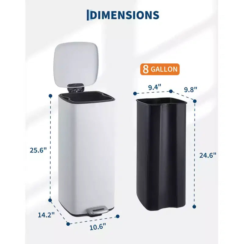 Poubelle à pédale de 30 L en acier inoxydable avec couvercle à fermeture amortie et fonction de maintien en position ouverte, poubelle mains libres pour cuisine, salle de bain, bureau