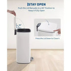 Poubelle à pédale de 30 L en acier inoxydable avec couvercle à fermeture amortie et fonction de maintien en position ouverte, poubelle mains libres pour cuisine, salle de bain, bureau