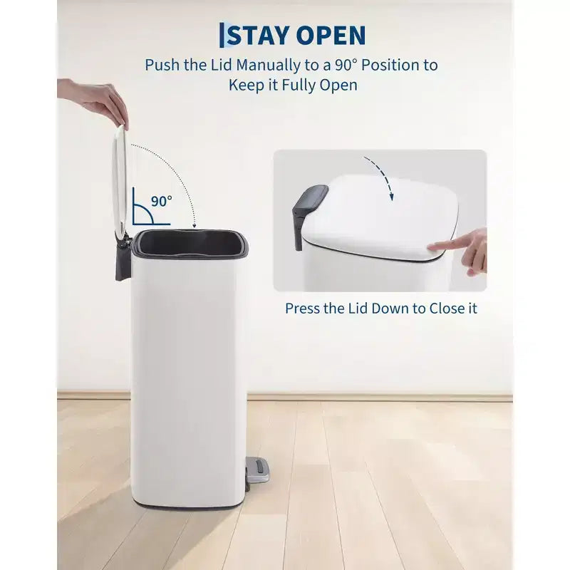 Poubelle à pédale de 30 L en acier inoxydable avec couvercle à fermeture amortie et fonction de maintien en position ouverte, poubelle mains libres pour cuisine, salle de bain, bureau