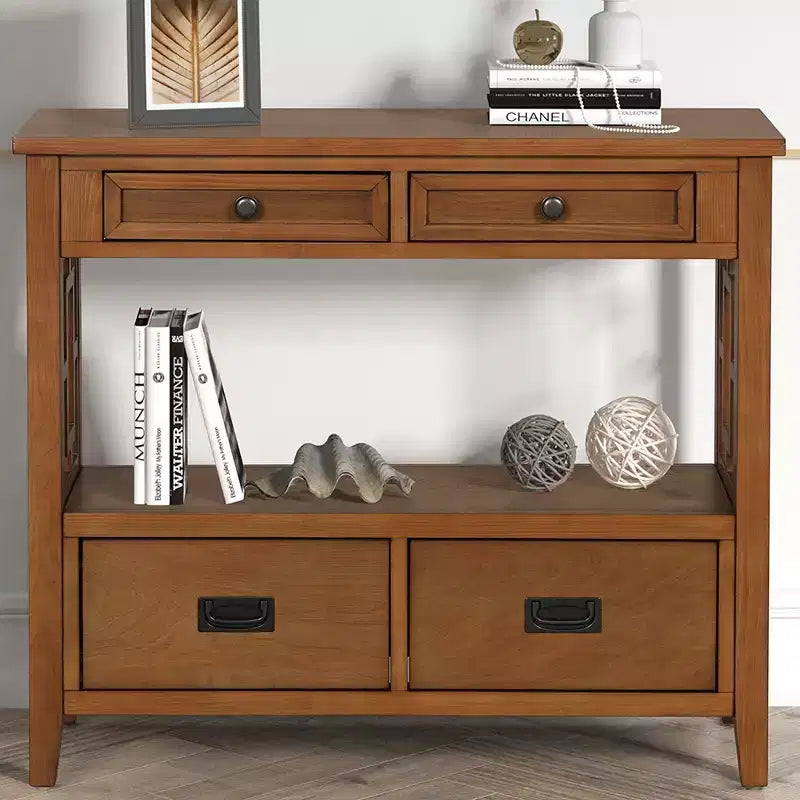 JVNOXK Table console de ferme en bois de pin de 91 cm, table d'appoint avec 4 tiroirs et 1 étagère de rangement pour entrée, salon, chambre à coucher, couloir, marron