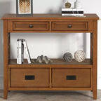 JVNOXK Table console de ferme en bois de pin de 91 cm, table d'appoint avec 4 tiroirs et 1 étagère de rangement pour entrée, salon, chambre à coucher, couloir, marron
