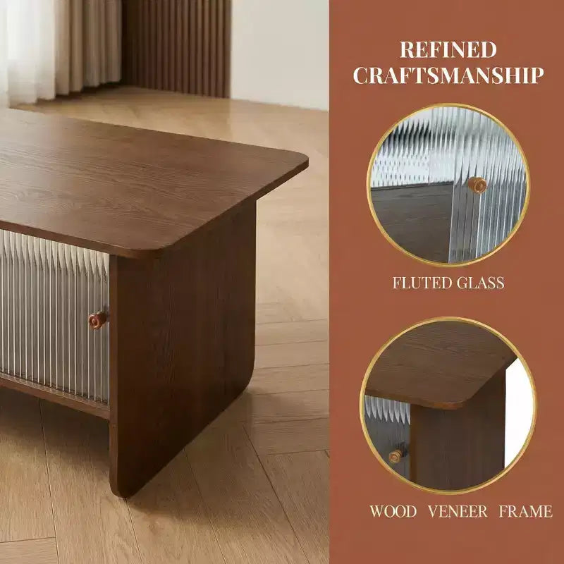Table basse rectangulaire moderne et minimaliste JVNOXK de 47 pouces avec meuble de rangement à portes coulissantes en verre pour salons, chambres, marron