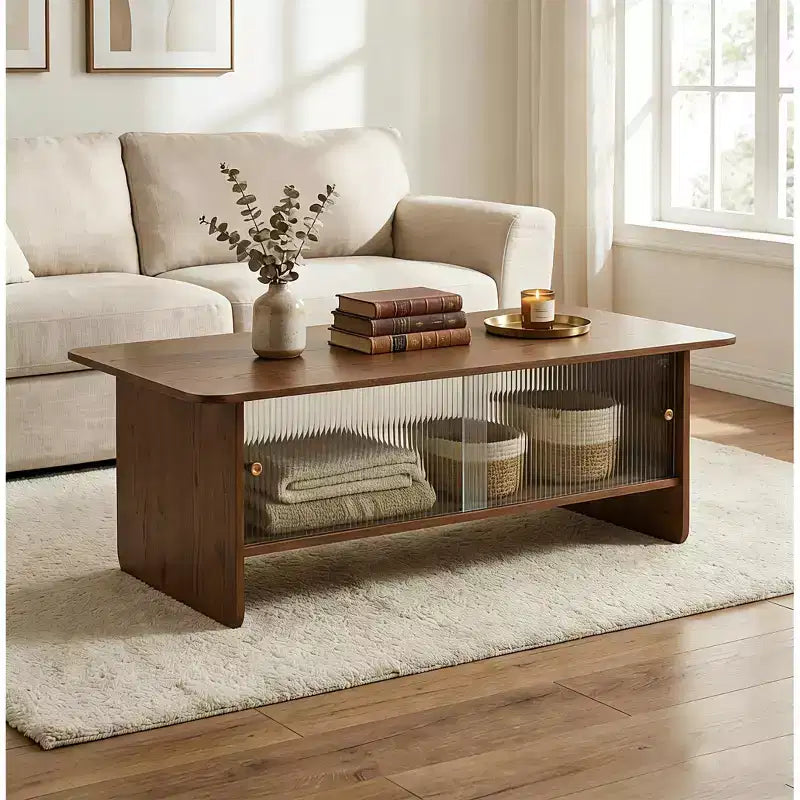 Table basse rectangulaire moderne et minimaliste JVNOXK de 47 pouces avec meuble de rangement à portes coulissantes en verre pour salons, chambres, marron