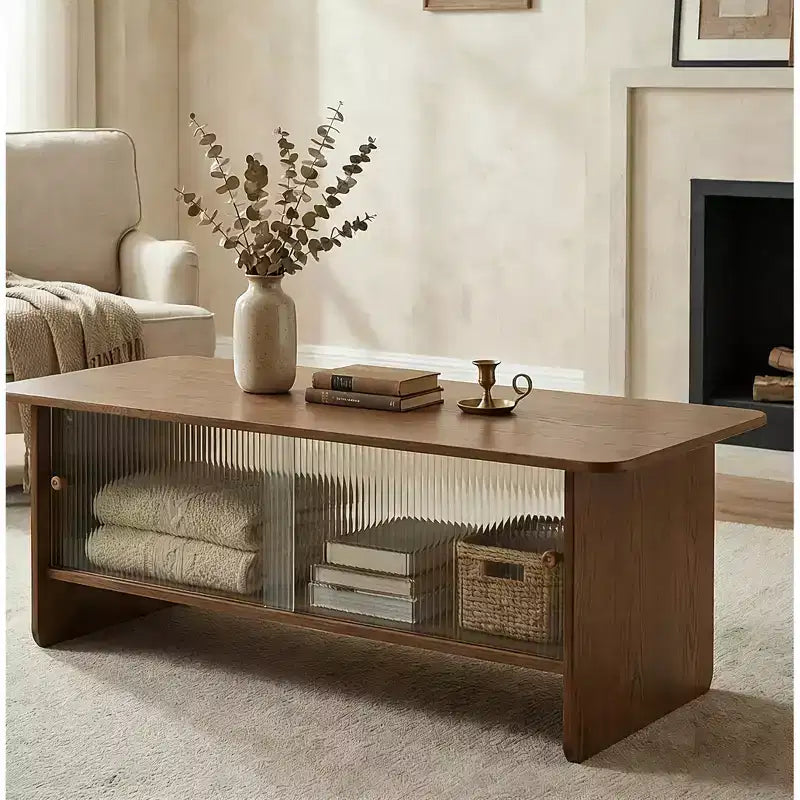 Table basse rectangulaire moderne et minimaliste JVNOXK de 47 pouces avec meuble de rangement à portes coulissantes en verre pour salons, chambres, marron