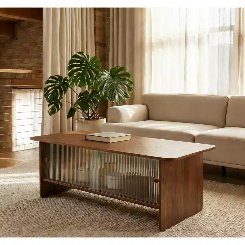 Table basse rectangulaire moderne et minimaliste JVNOXK de 47 pouces avec meuble de rangement à portes coulissantes en verre pour salons, chambres, marron