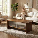 Table basse rectangulaire moderne et minimaliste JVNOXK de 47 pouces avec meuble de rangement à portes coulissantes en verre pour salons, chambres, marron