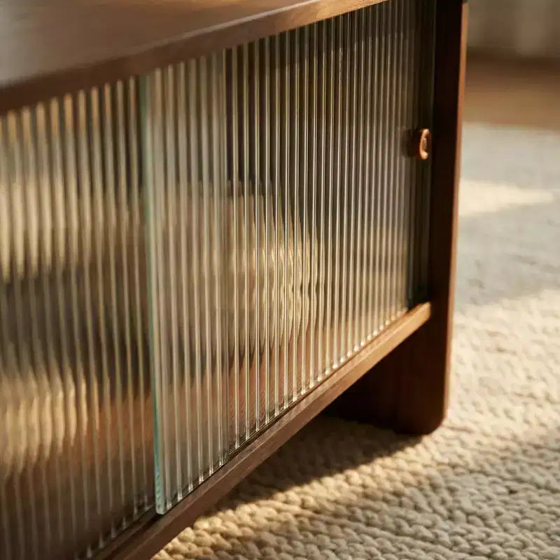 Table basse rectangulaire moderne et minimaliste JVNOXK de 47 pouces avec meuble de rangement à portes coulissantes en verre pour salons, chambres, marron