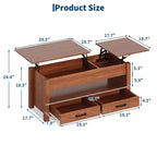 Table basse relevable avec 2 tiroirs et rangement caché, table en bois convertible pour salon et bureau à domicile