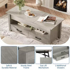 Table basse relevable avec 2 tiroirs et rangement caché, table en bois convertible pour salon et bureau à domicile
