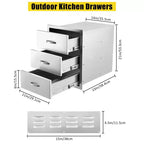Tiroirs de cuisine extérieure 3 niveaux en acier inoxydable, 14 L x 23 P x 21 H, style encastrable avec cadre fermé et poignée