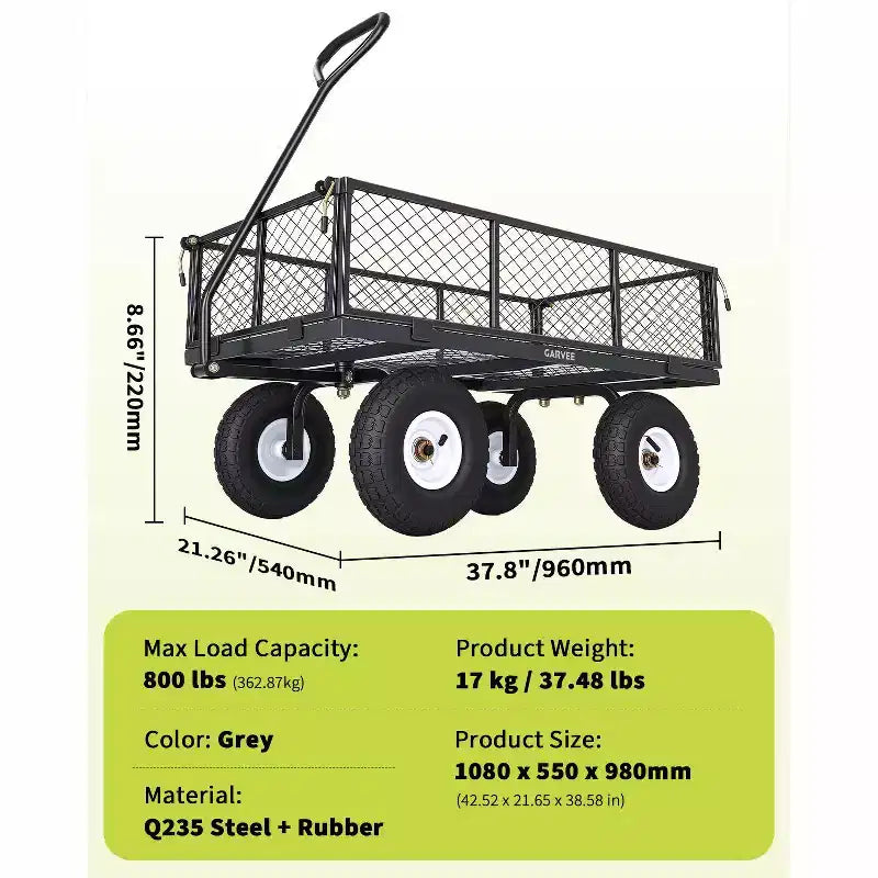 Chariot utilitaire d'extérieur robuste, capacité de 360 kg, pneus tout-terrain pneumatiques de 25 cm, chariot de jardin maniable avec panneaux en maille amovibles