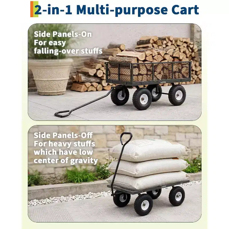Chariot utilitaire d'extérieur robuste, capacité de 360 kg, pneus tout-terrain pneumatiques de 25 cm, chariot de jardin maniable avec panneaux en maille amovibles