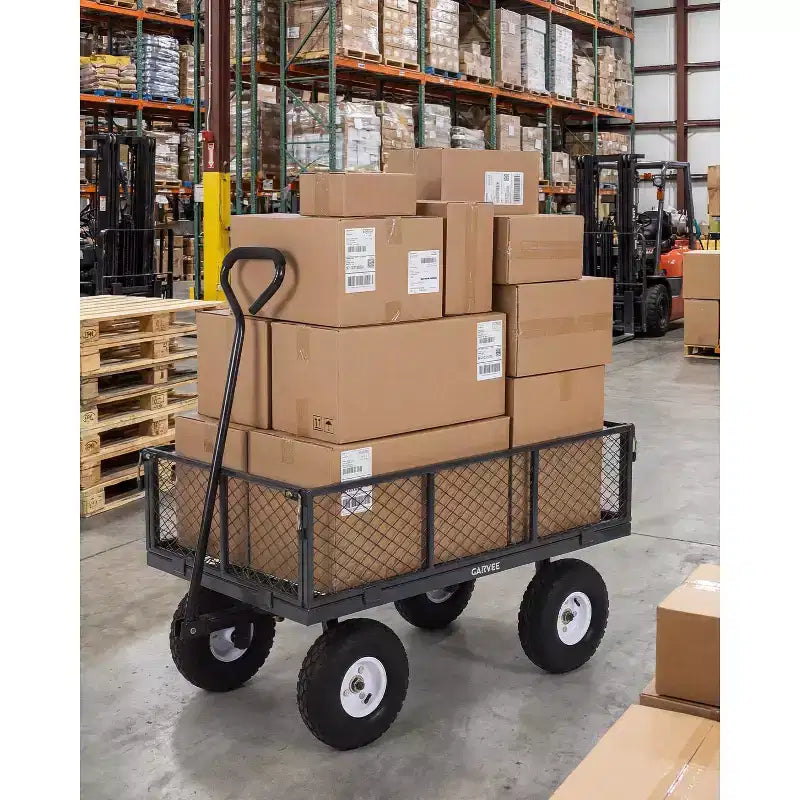 Chariot utilitaire d'extérieur robuste, capacité de 360 kg, pneus tout-terrain pneumatiques de 25 cm, chariot de jardin maniable avec panneaux en maille amovibles