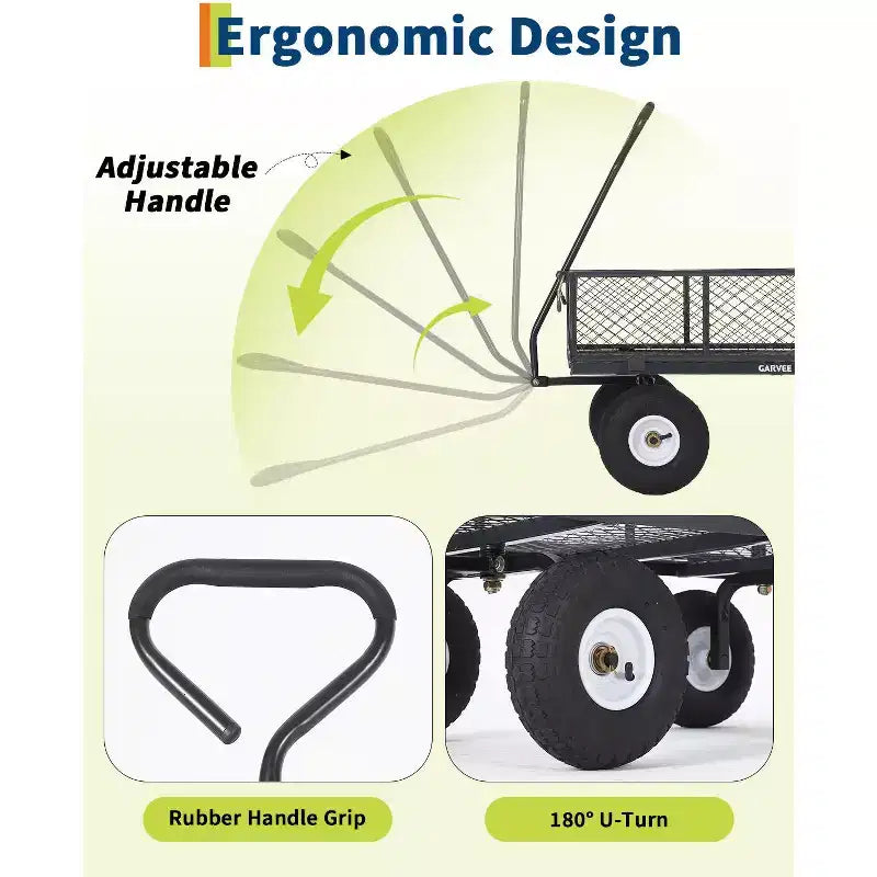 Chariot utilitaire d'extérieur robuste, capacité de 360 kg, pneus tout-terrain pneumatiques de 25 cm, chariot de jardin maniable avec panneaux en maille amovibles
