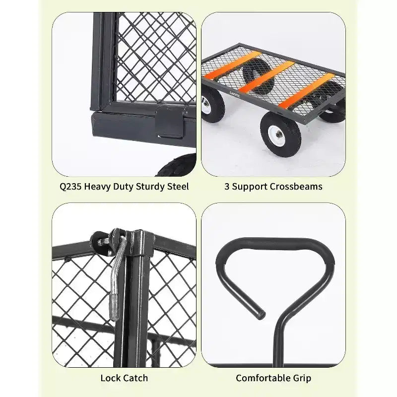 Chariot utilitaire d'extérieur robuste, capacité de 360 kg, pneus tout-terrain pneumatiques de 25 cm, chariot de jardin maniable avec panneaux en maille amovibles