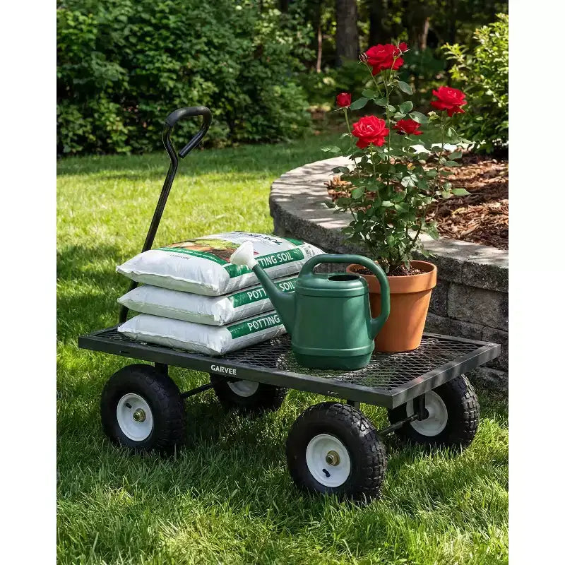 Chariot utilitaire d'extérieur robuste, capacité de 360 kg, pneus tout-terrain pneumatiques de 25 cm, chariot de jardin maniable avec panneaux en maille amovibles