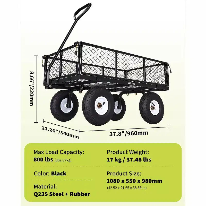 Chariot utilitaire d'extérieur robuste, capacité de 360 kg, pneus tout-terrain pneumatiques de 25 cm, chariot de jardin maniable avec panneaux en maille amovibles