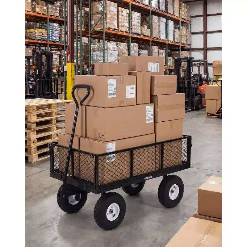 Chariot utilitaire d'extérieur robuste, capacité de 360 kg, pneus tout-terrain pneumatiques de 25 cm, chariot de jardin maniable avec panneaux en maille amovibles