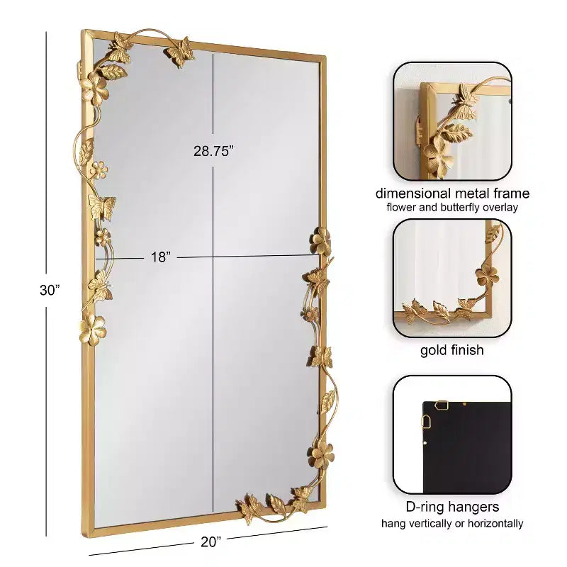 Miroir rectangulaire Kate and Laurel Rosella Floral en métal, or, 20x30