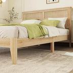 Cadre de lit plateforme en bois d'hévéa Sailvan Queen avec tête de lit en rotin vintage et pieds de support