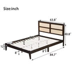 Cadre de lit plateforme en bois d'hévéa Sailvan Queen avec tête de lit en rotin vintage et pieds de support
