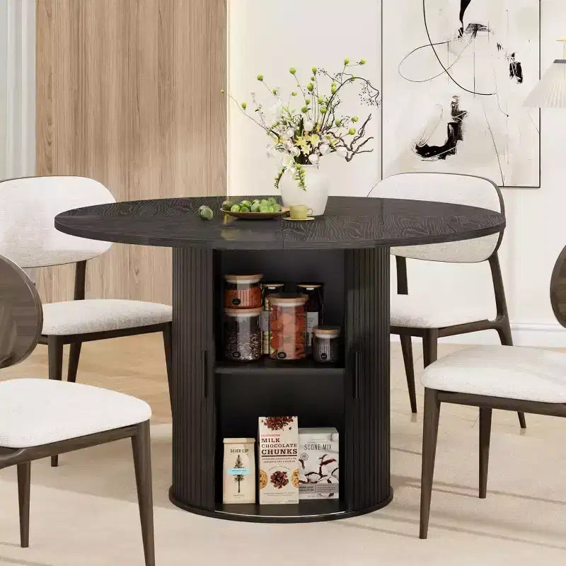 Table à manger ronde de 47" avec rangement caché, table de cuisine sur pied pour 4-6 personnes, table à manger compacte