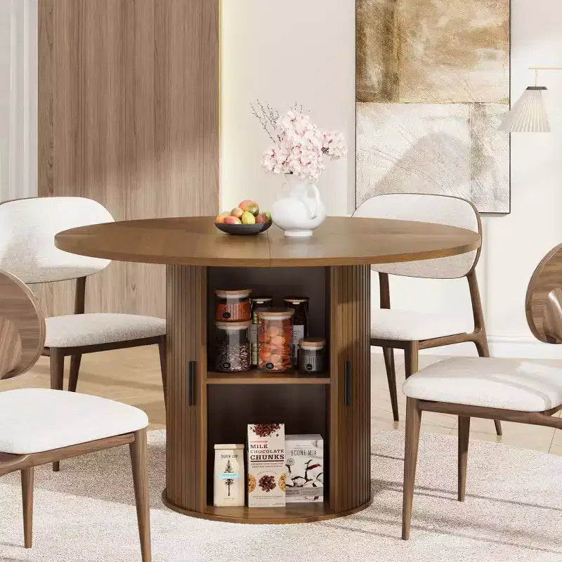 Table à manger ronde de 47" avec rangement caché, table de cuisine sur pied pour 4-6 personnes, table à manger compacte