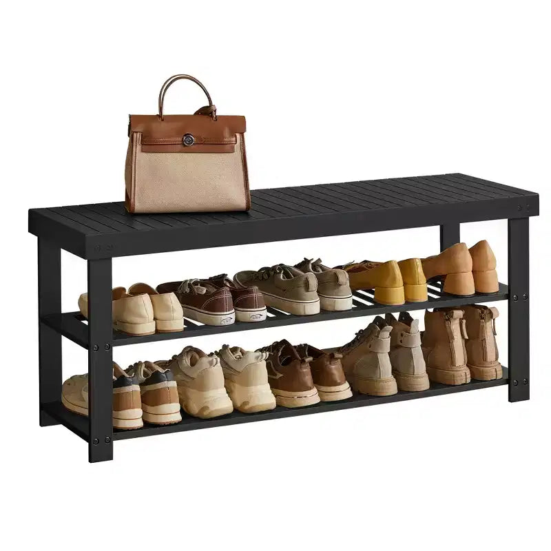 SONGMICS Shoe Rack Bench, 3-Tier Bamboo Shoe Storage Organizer, Entryway Bench, Holds Up to 286 lb, for Entryway Bathroom Bedroom, Ink Black