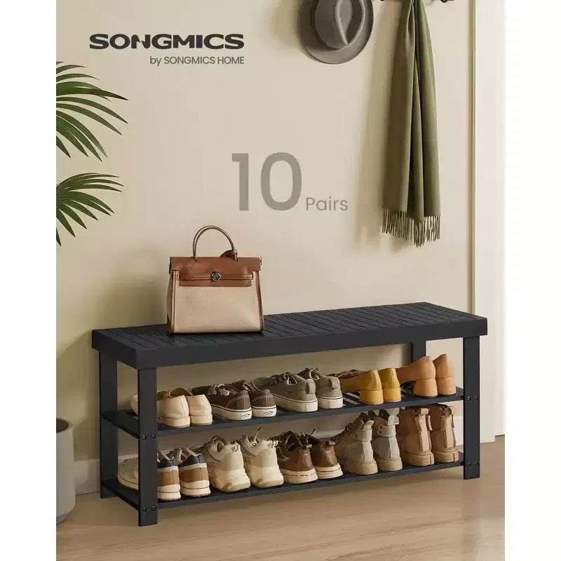 SONGMICS Banc range-chaussures, Organisateur de rangement pour chaussures à 3 niveaux en bambou, Banc d'entrée, Supporte jusqu'à 130 kg, pour entrée, salle de bain, chambre, Noir Encre