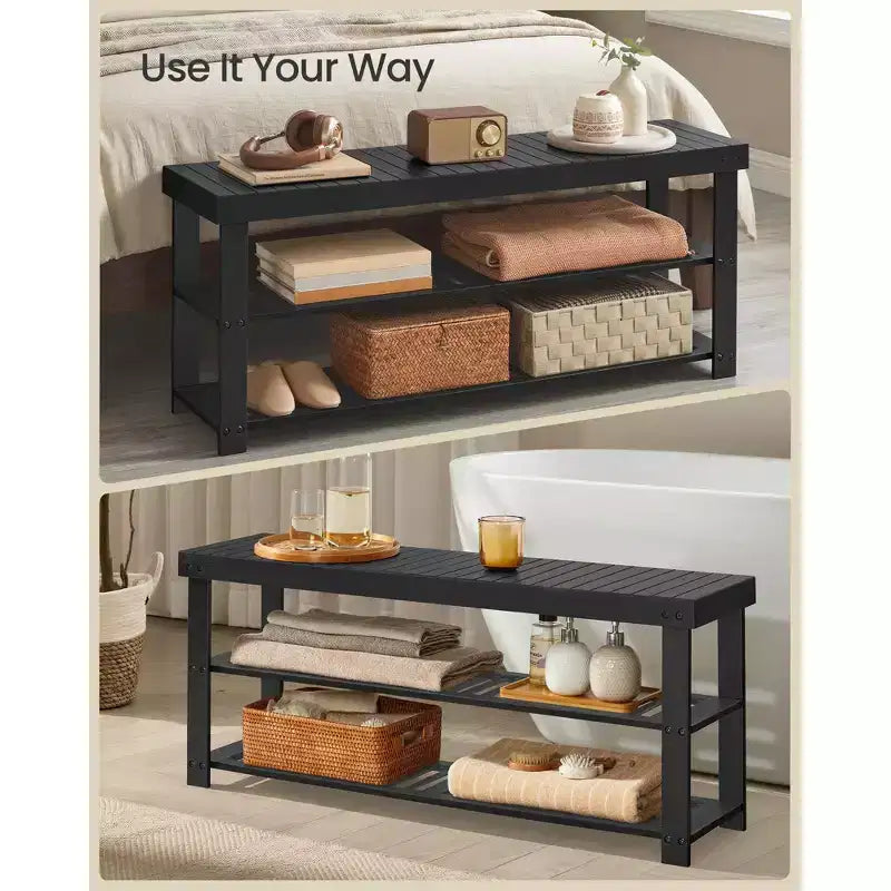 SONGMICS Banc range-chaussures, Organisateur de rangement pour chaussures à 3 niveaux en bambou, Banc d'entrée, Supporte jusqu'à 130 kg, pour entrée, salle de bain, chambre, Noir Encre