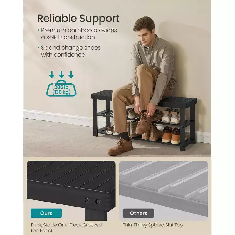SONGMICS Banc range-chaussures, Organisateur de rangement pour chaussures à 3 niveaux en bambou, Banc d'entrée, Supporte jusqu'à 130 kg, pour entrée, salle de bain, chambre, Noir Encre
