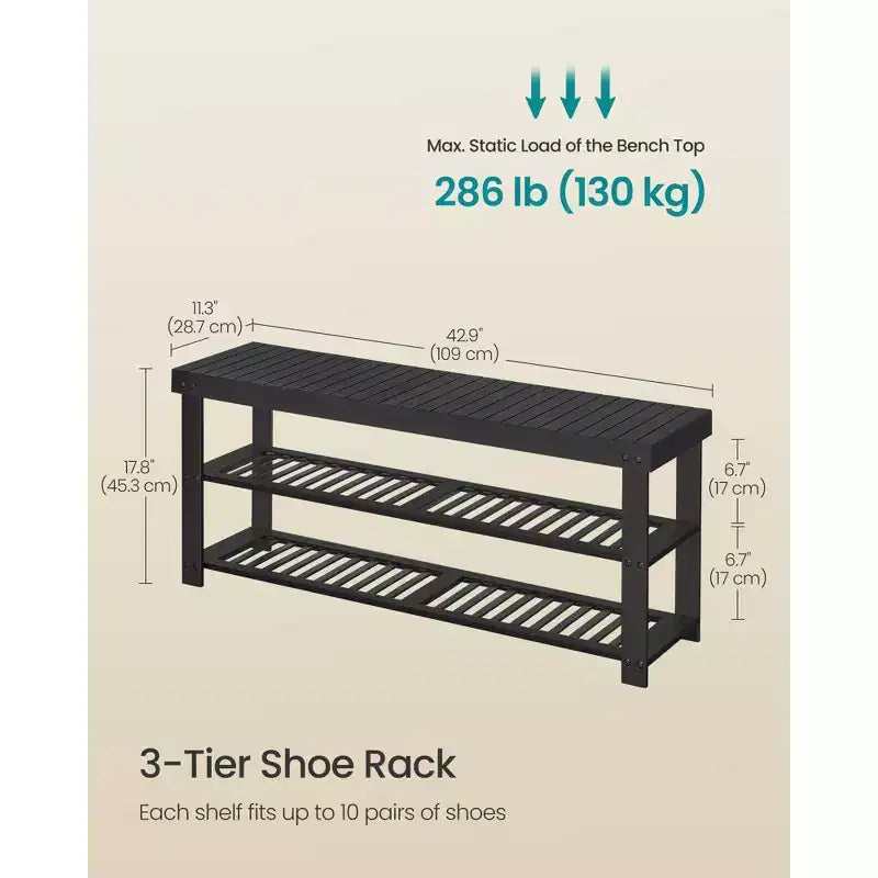 SONGMICS Banc range-chaussures, Organisateur de rangement pour chaussures à 3 niveaux en bambou, Banc d'entrée, Supporte jusqu'à 130 kg, pour entrée, salle de bain, chambre, Noir Encre