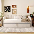 Canapé-lit rembourré ModernLuxe convertible lit simple/king size avec lit gigogne escamotable et ports de chargement USB, tissu en lin, capacité de 180 kg