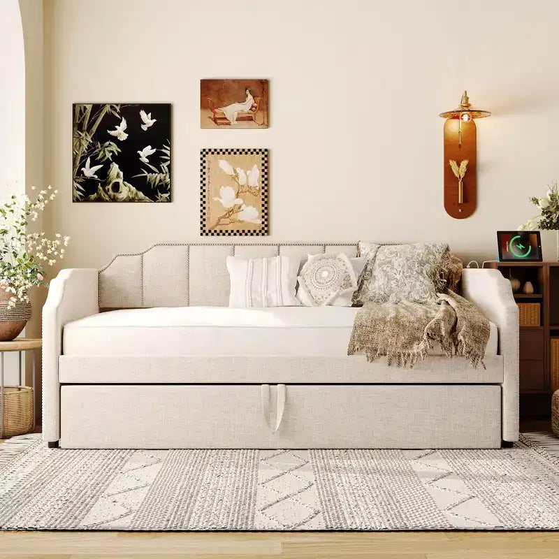 Canapé-lit rembourré ModernLuxe convertible lit simple/king size avec lit gigogne escamotable et ports de chargement USB, tissu en lin, capacité de 180 kg