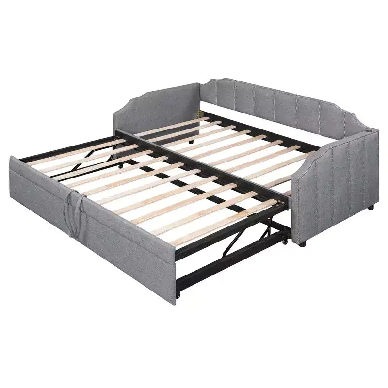 Canapé-lit rembourré ModernLuxe convertible lit simple/king size avec lit gigogne escamotable et ports de chargement USB, tissu en lin, capacité de 180 kg