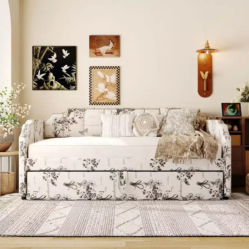 Canapé-lit rembourré ModernLuxe convertible lit simple/king size avec lit gigogne escamotable et ports de chargement USB, tissu en lin, capacité de 180 kg