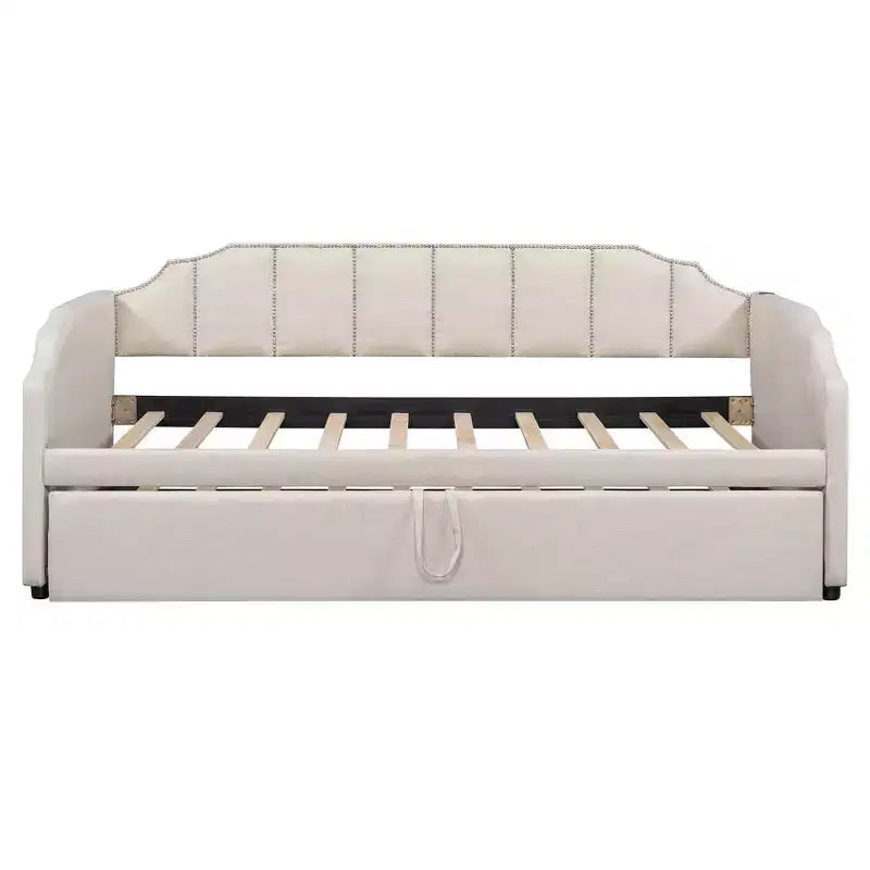 Canapé-lit rembourré ModernLuxe convertible lit simple/king size avec lit gigogne escamotable et ports de chargement USB, tissu en lin, capacité de 180 kg